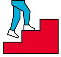 Auf der Grafik sind rechts unten drei rote Stufen dargestellt, auf denen blaue Beine mit weißen Füßen zu sehen sind, die die Stufen hochsteigen.